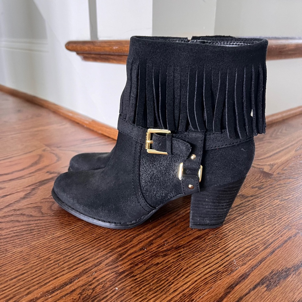 LRL Ralph Lauren Mara Black Suede Fringe Ankle Boots Gold Buckle 7.5B 11739 G14 - Picture 11 of 15